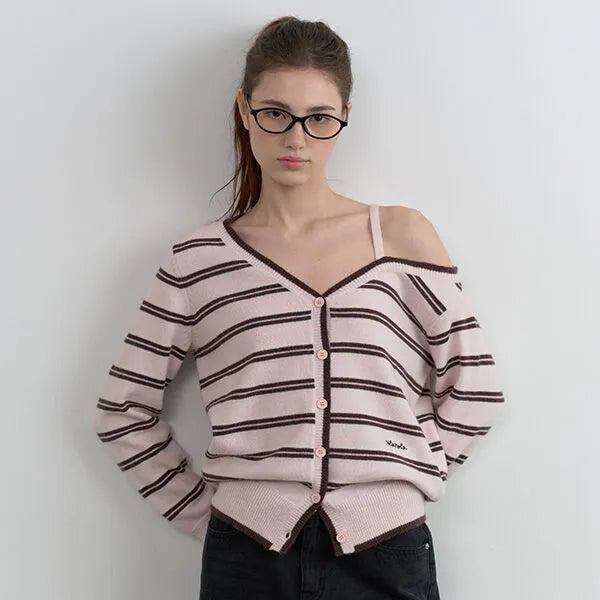 [rolarola] ONE OFF SHOULDER STRIPE WOOL BLENDED CARDIGAN - 4 COLORS