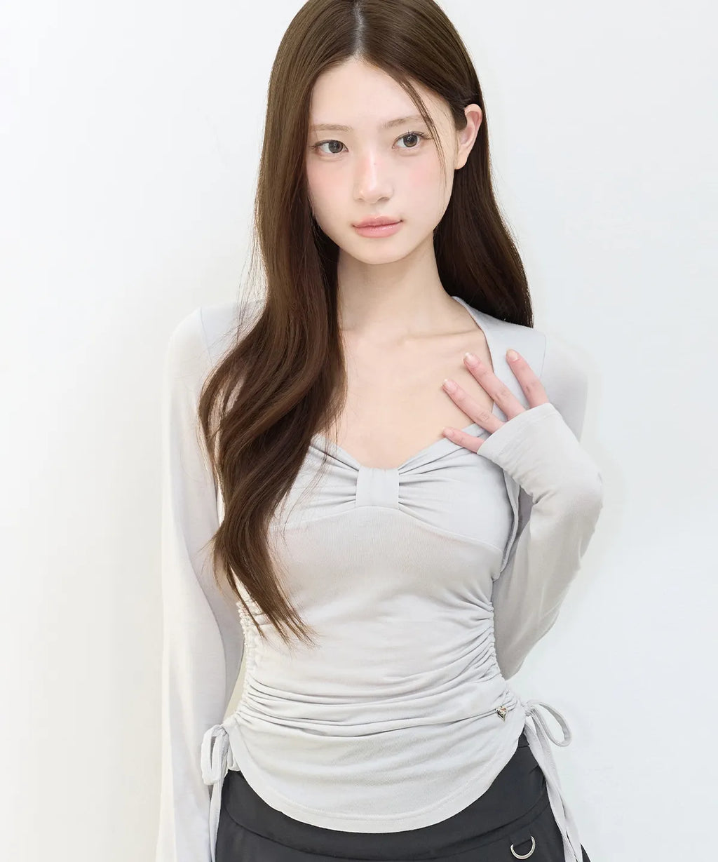 [illigo] BOW BOLERO SHIRRING TOP_GREY