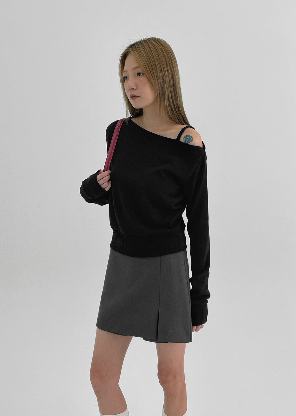 韓國製造 One-Shoulder Knit LS / Black