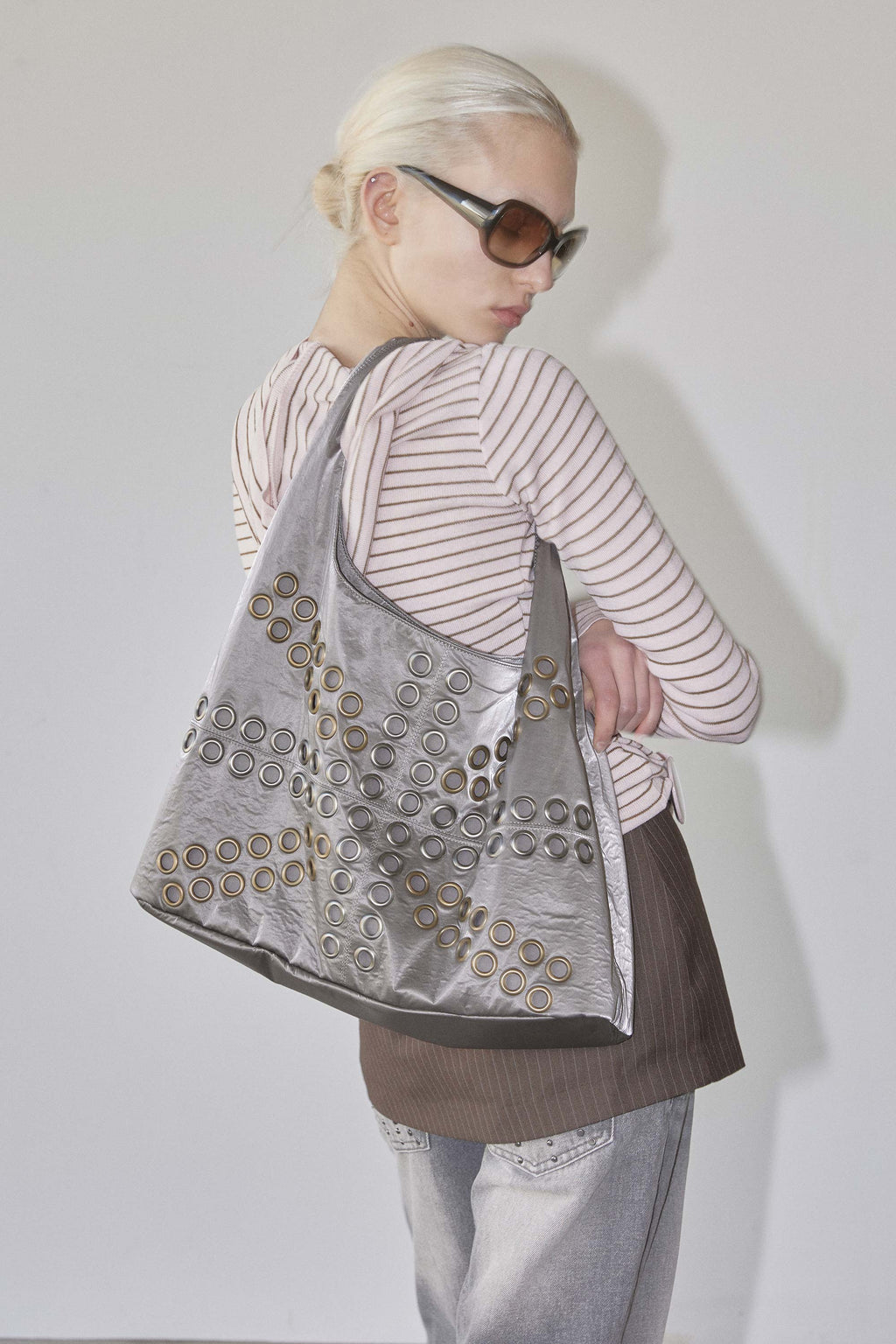 Sculptor Stud Metallic Hobo Bag Gun Metal