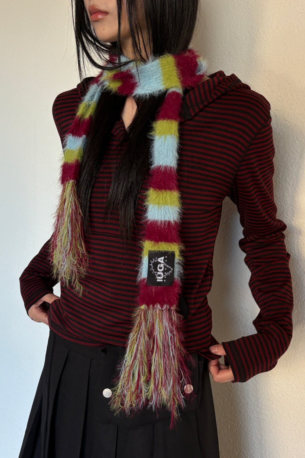 IUGA Striped Hairy Skinny Muffler (Burgundy)