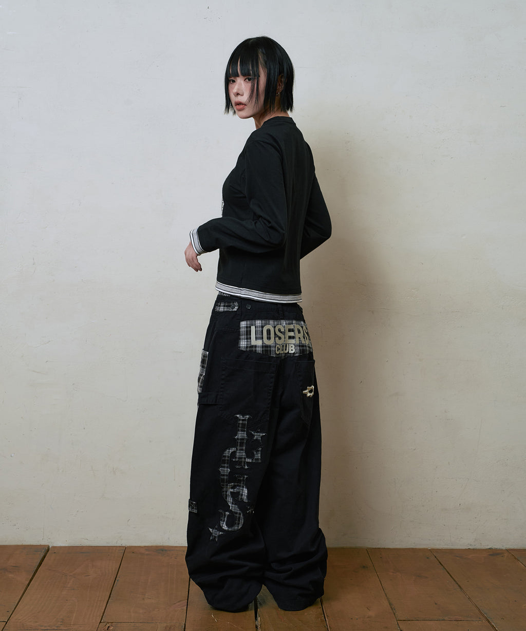 LSC CHECK PATCH WIDE COTTON PANT (BLACK)