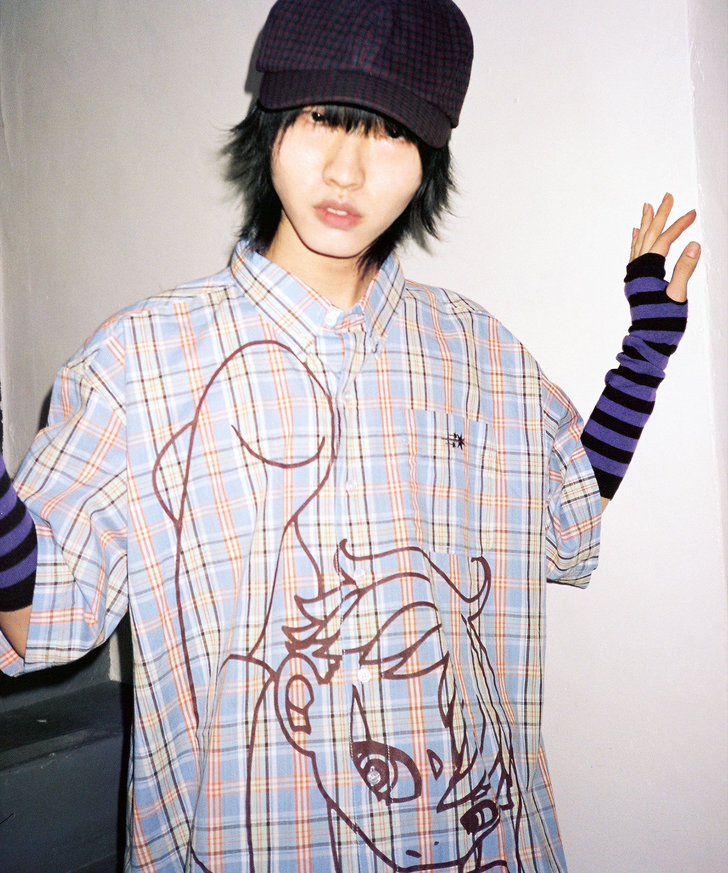 niceghostclub angel check big big half shirt [blue]