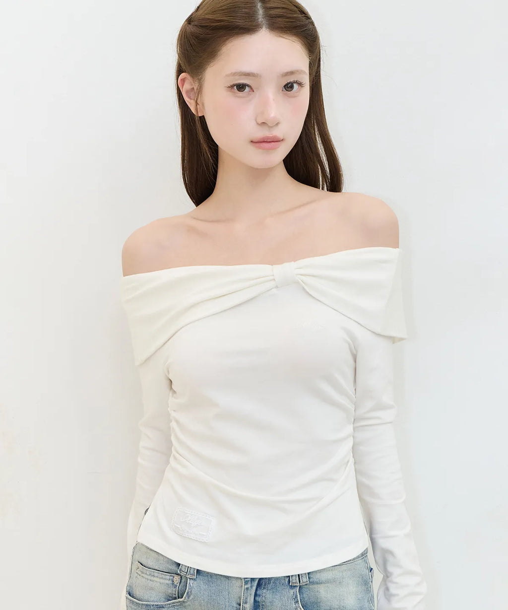 [illigo] BOW OFF SHOULDER LONG SLEEVE_WHITE