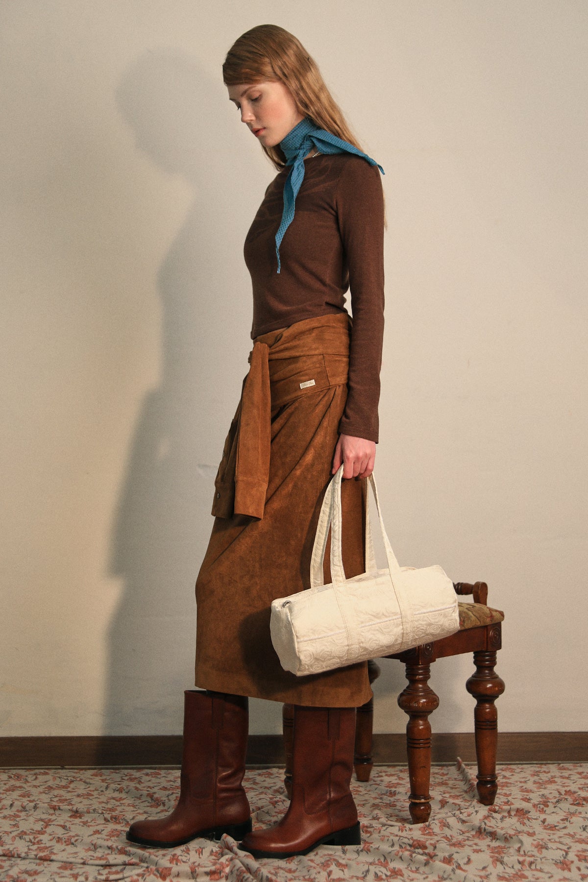 NANACREW MINI DUFFLE BAG - ROSE JACQUARD IVORY SATIN