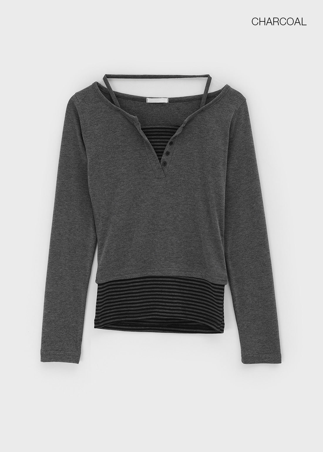 [kr] Vining Layered Stripe Halter Henley Long Sleeve Tee / 2colors