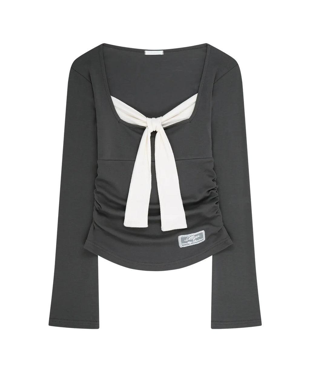 [illigo] LAYERED RIBBON TIE LONG SLEEVE_CHARCOAL