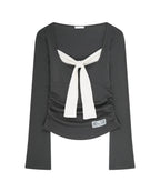 [illigo] LAYERED RIBBON TIE LONG SLEEVE_CHARCOAL