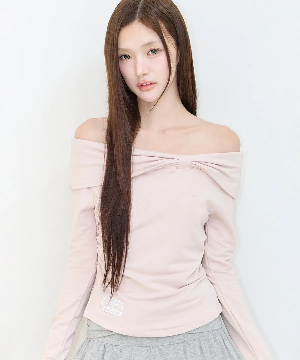 [illigo] BOW OFF SHOULDER LONG SLEEVE_PINK
