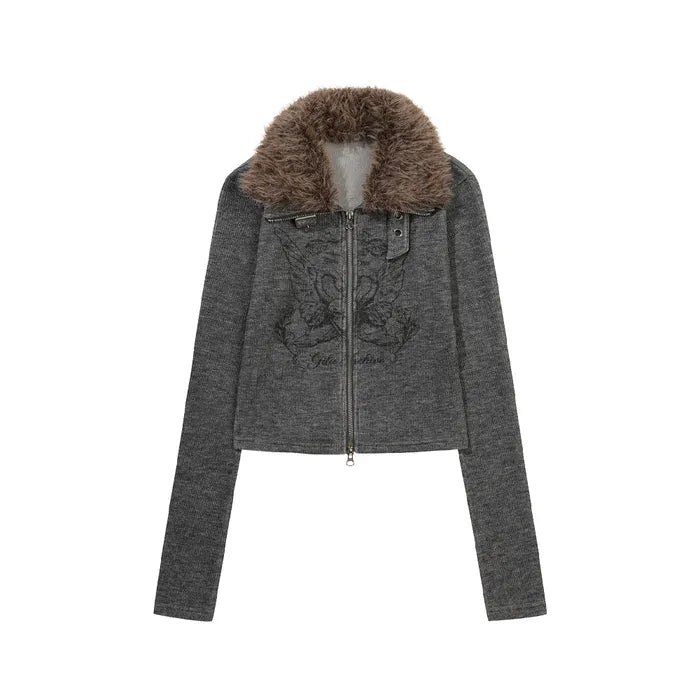GILA ARCHIVE FUR COLLAR GRAPHIC KNIT ZIP-UP_GREY