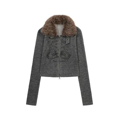 GILA ARCHIVE FUR COLLAR GRAPHIC KNIT ZIP-UP_GREY