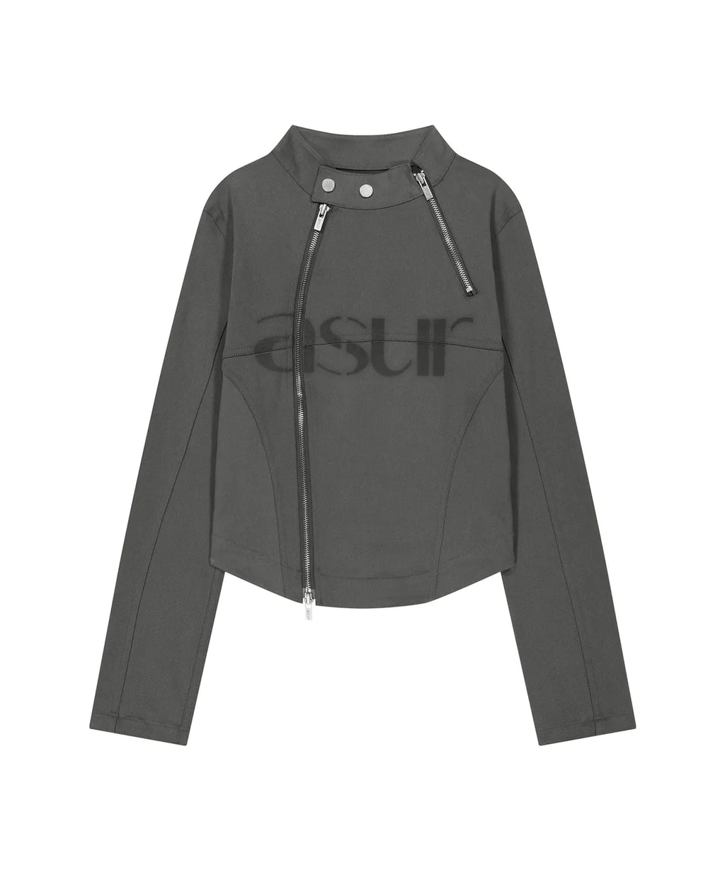 [asur] Facade Logo High-Neck Zip-Up - Charcoal/Black