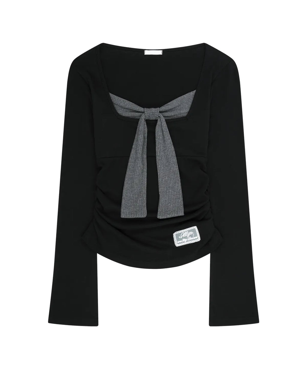 [illigo] LAYERED RIBBON TIE LONG SLEEVE_BLACK