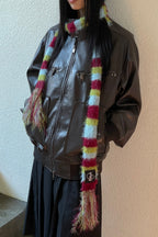 IUGA Striped Hairy Skinny Muffler (Burgundy)