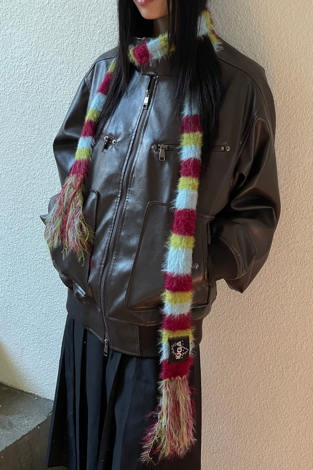 IUGA Striped Hairy Skinny Muffler (Burgundy)