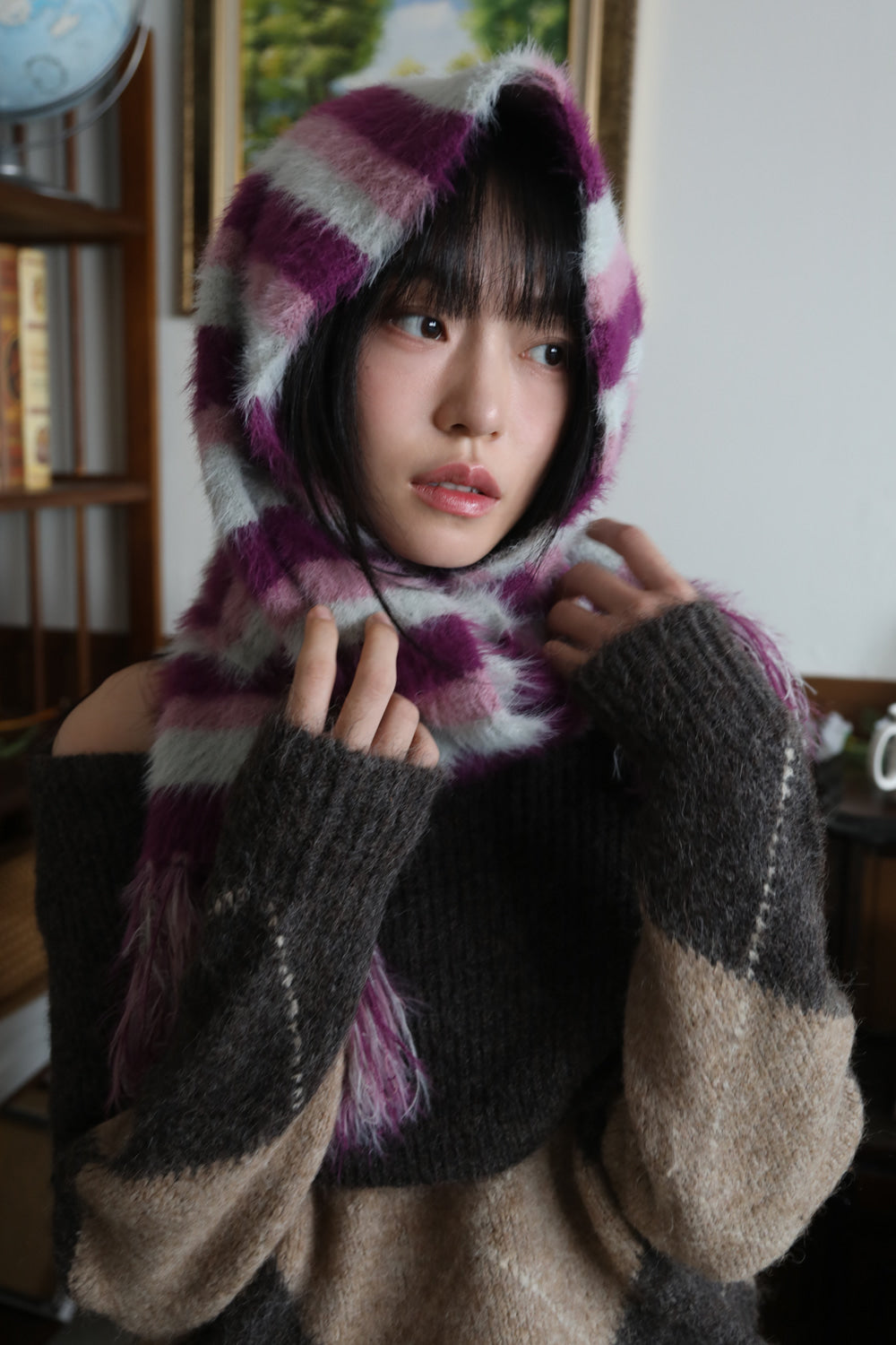 IUGA Striped Hairy Bold Muffler (Magenta)