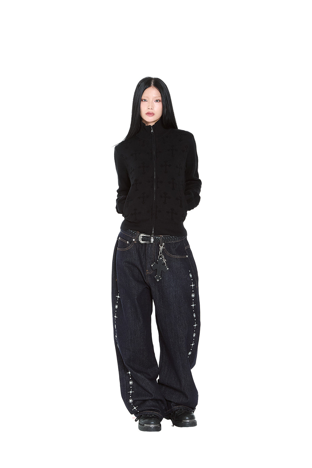 AAKAM Side Rhinestone Denim Pants (Dark Blue)