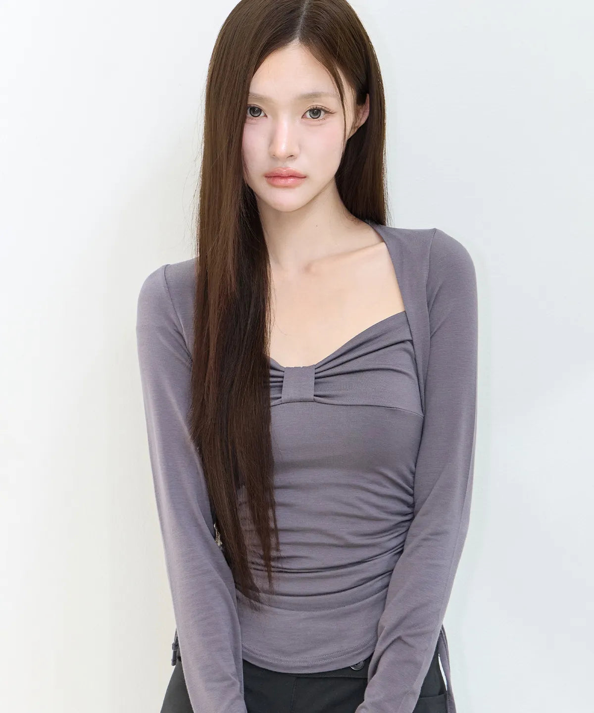 [illigo] BOW BOLERO SHIRRING TOP_CHARCOAL
