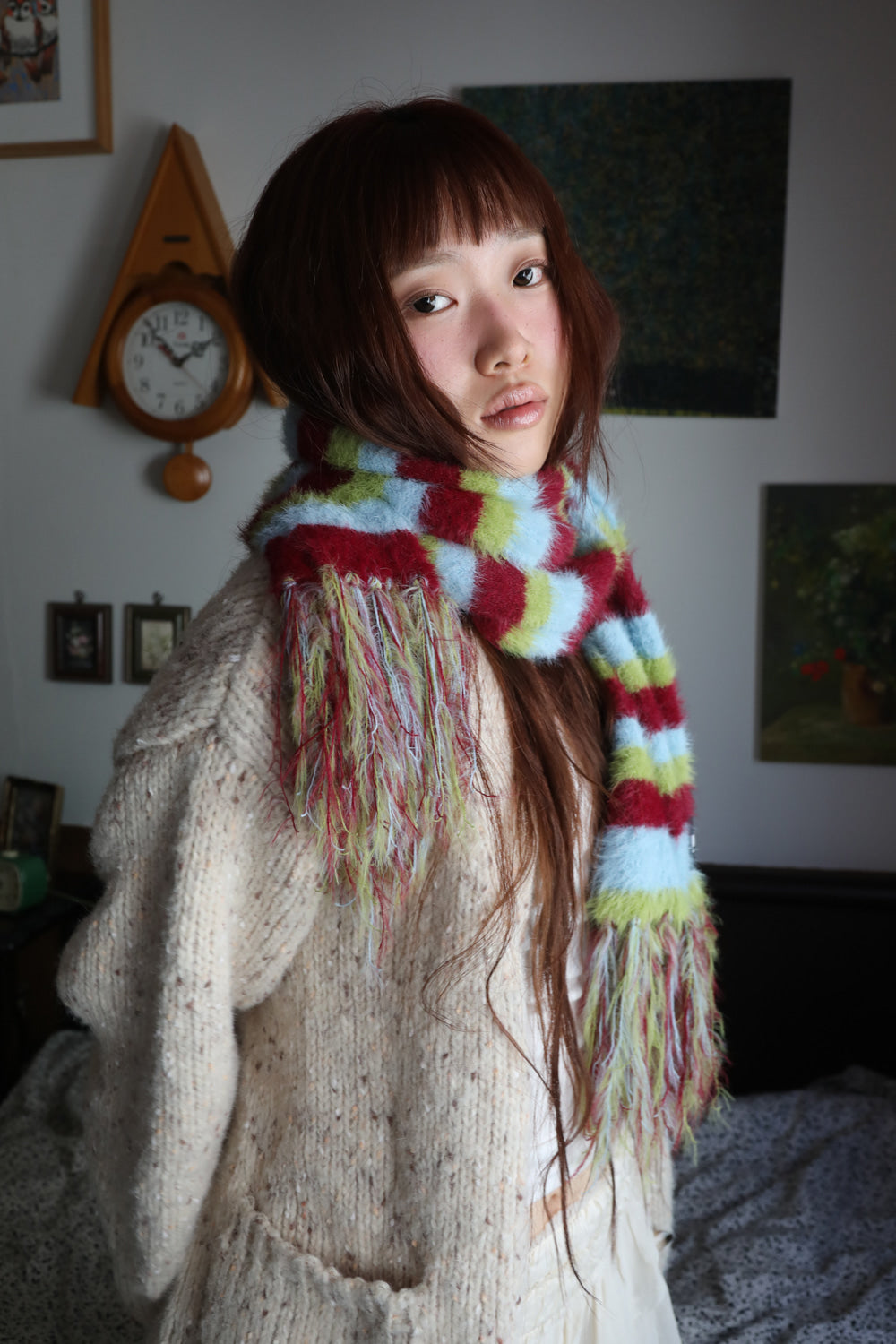 IUGA Striped Hairy Bold Muffler (Burgundy)