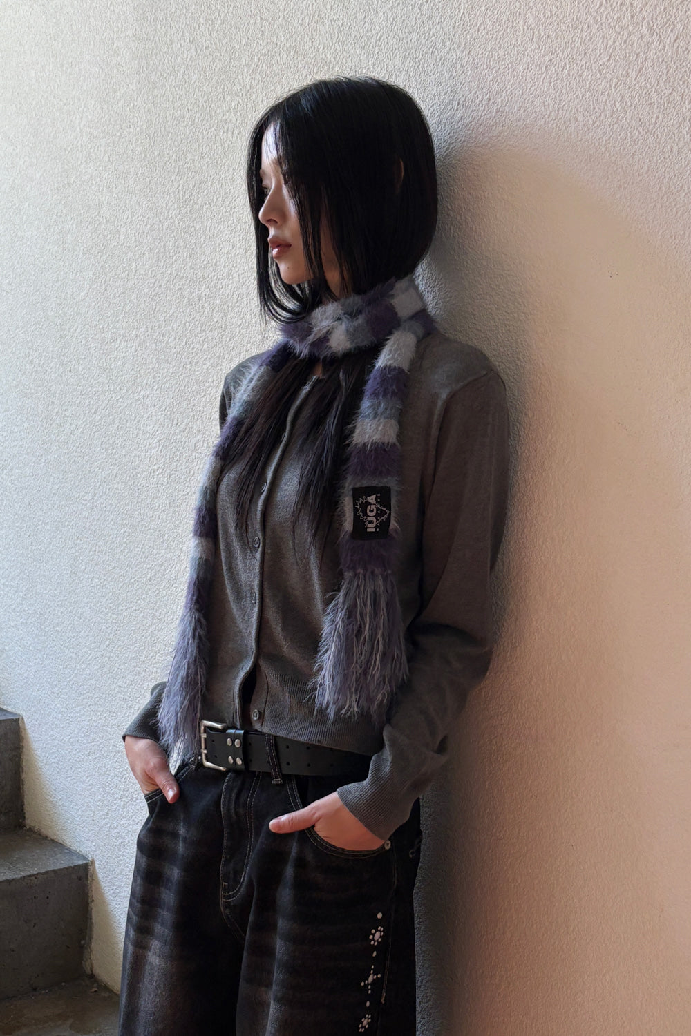 IUGA Striped Hairy Skinny Muffler (Light Purple)