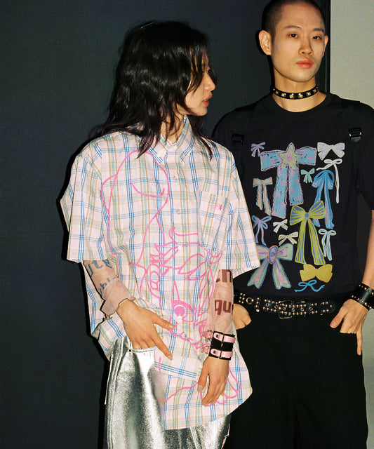 niceghostclub angel check big big half shirt [pink]