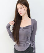 [illigo] BOW BOLERO SHIRRING TOP_CHARCOAL