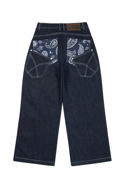 AAKAM Knee Pin-Tuck Paisley Denim Pants (Blue)