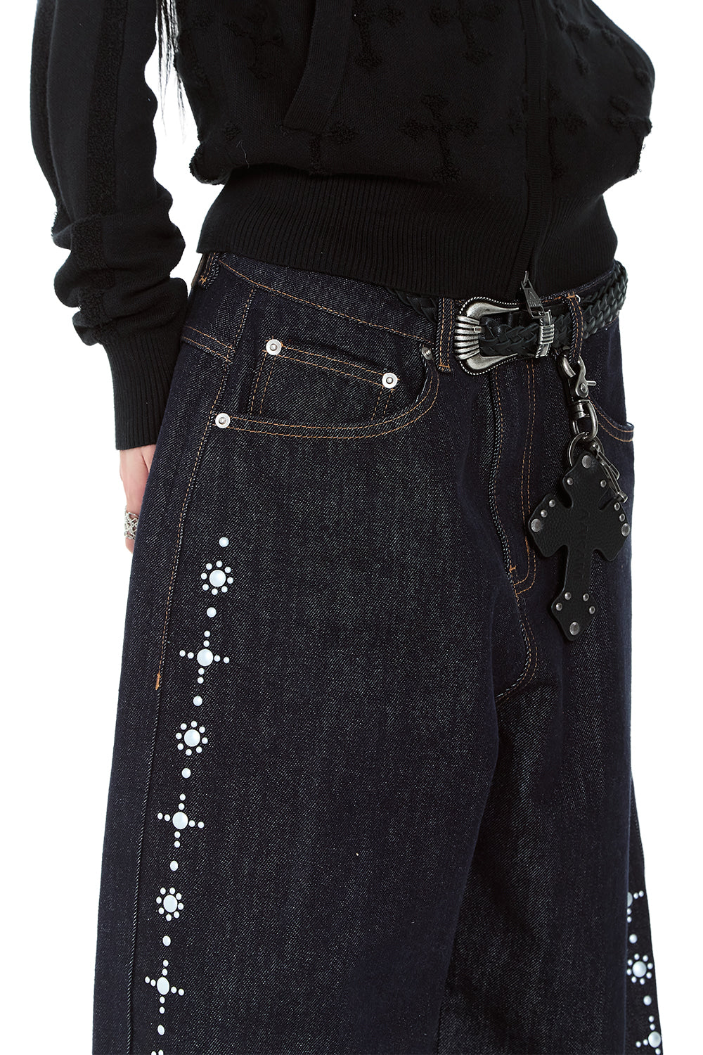 AAKAM Side Rhinestone Denim Pants (Dark Blue)