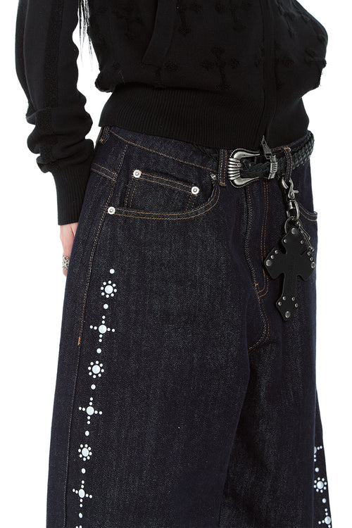 AAKAM Side Rhinestone Denim Pants (Dark Blue)