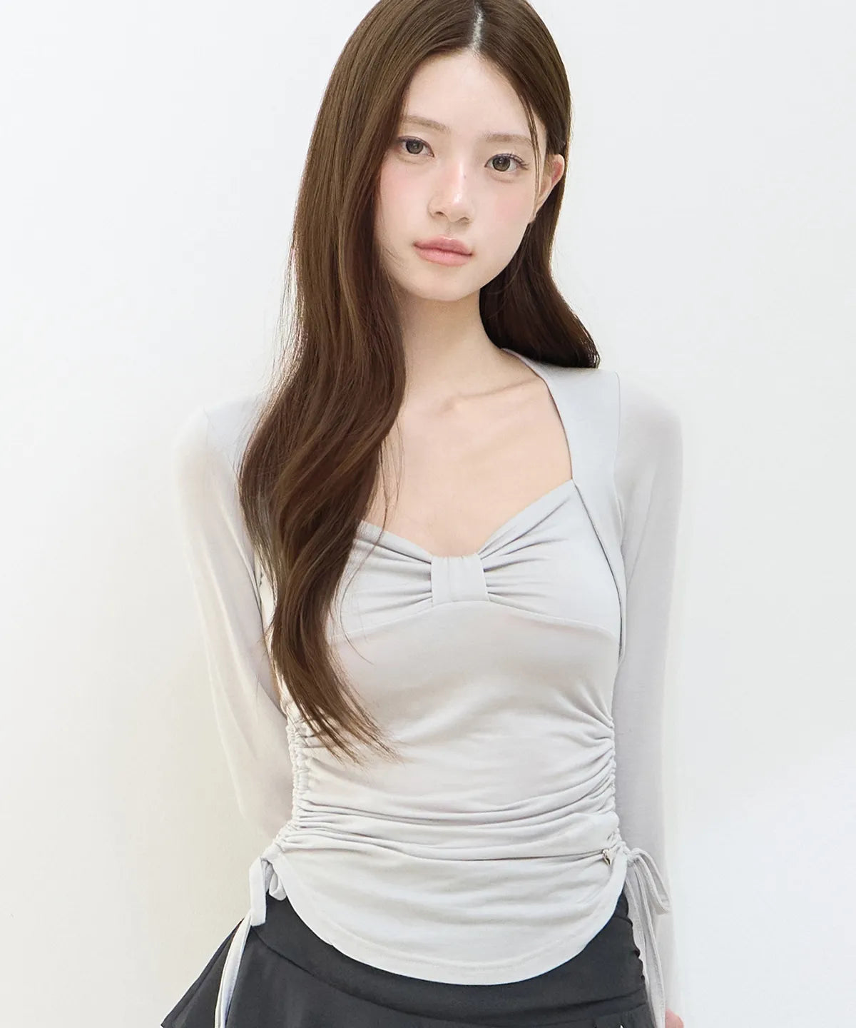 [illigo] BOW BOLERO SHIRRING TOP_GREY