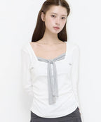 [illigo] LAYERED RIBBON TIE LONG SLEEVE_WHITE