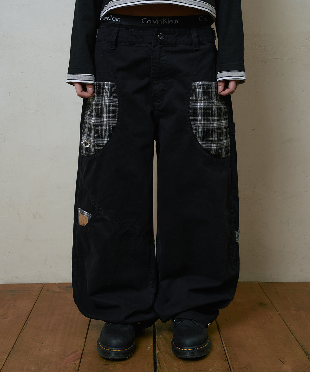 LSC CHECK PATCH WIDE COTTON PANT (BLACK)