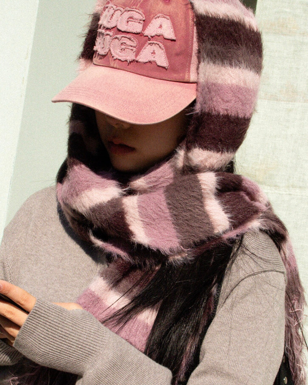 [yuri同款🎀] IUGA STRIPED HAIRY BOLD MUFFELR / PINK
