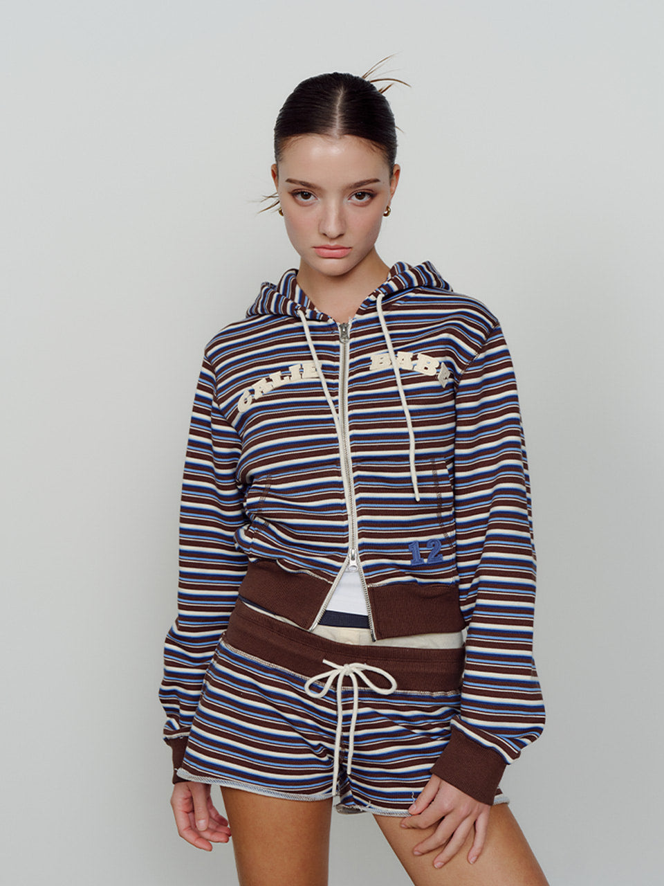 CALIE BABE STRIPE HOOD ZIP UP BROWN