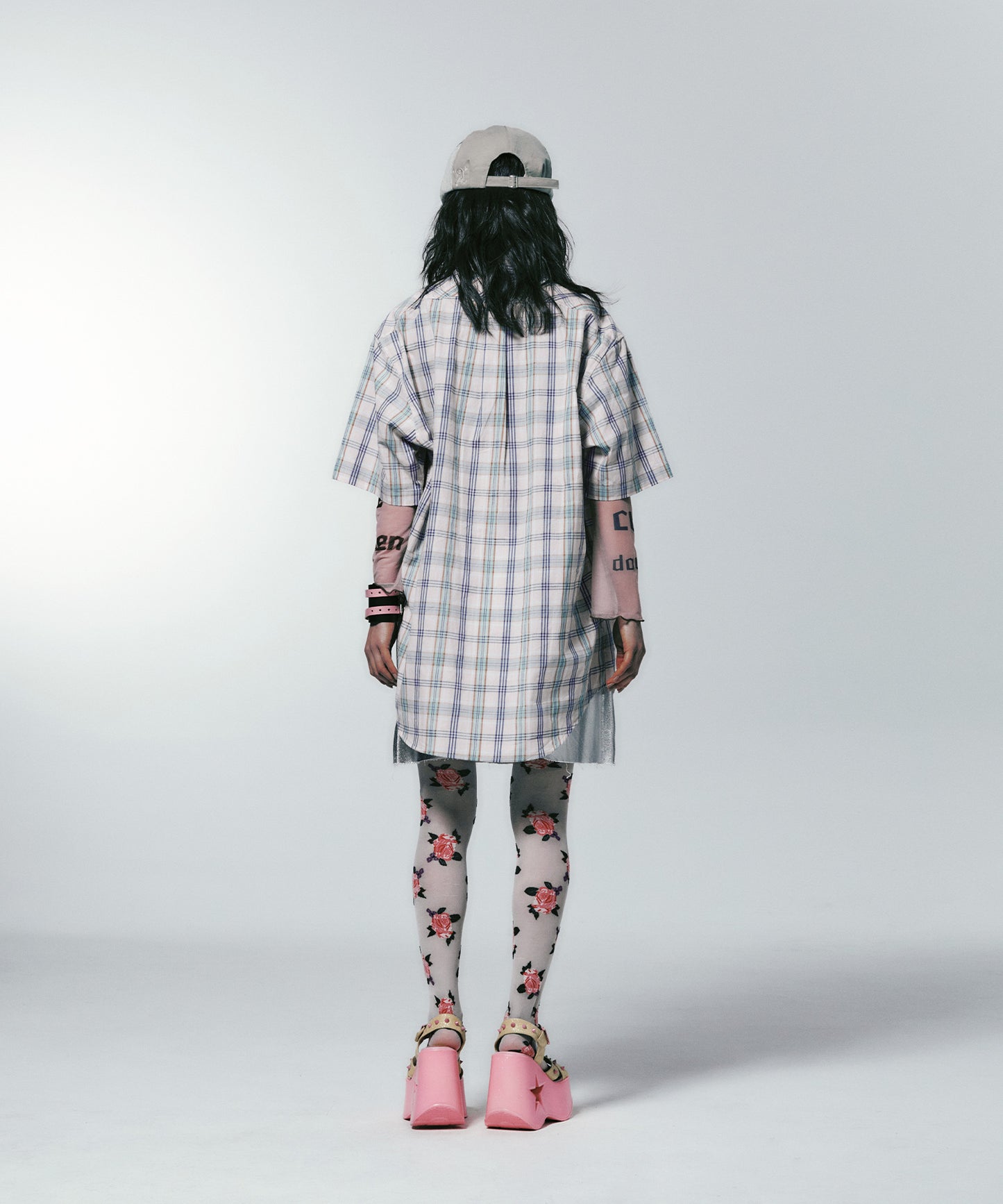 niceghostclub angel check big big half shirt [pink]