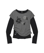 LMR Motif Embroidered Striped Fabric Layered Long-sleeved T-shirt (black)