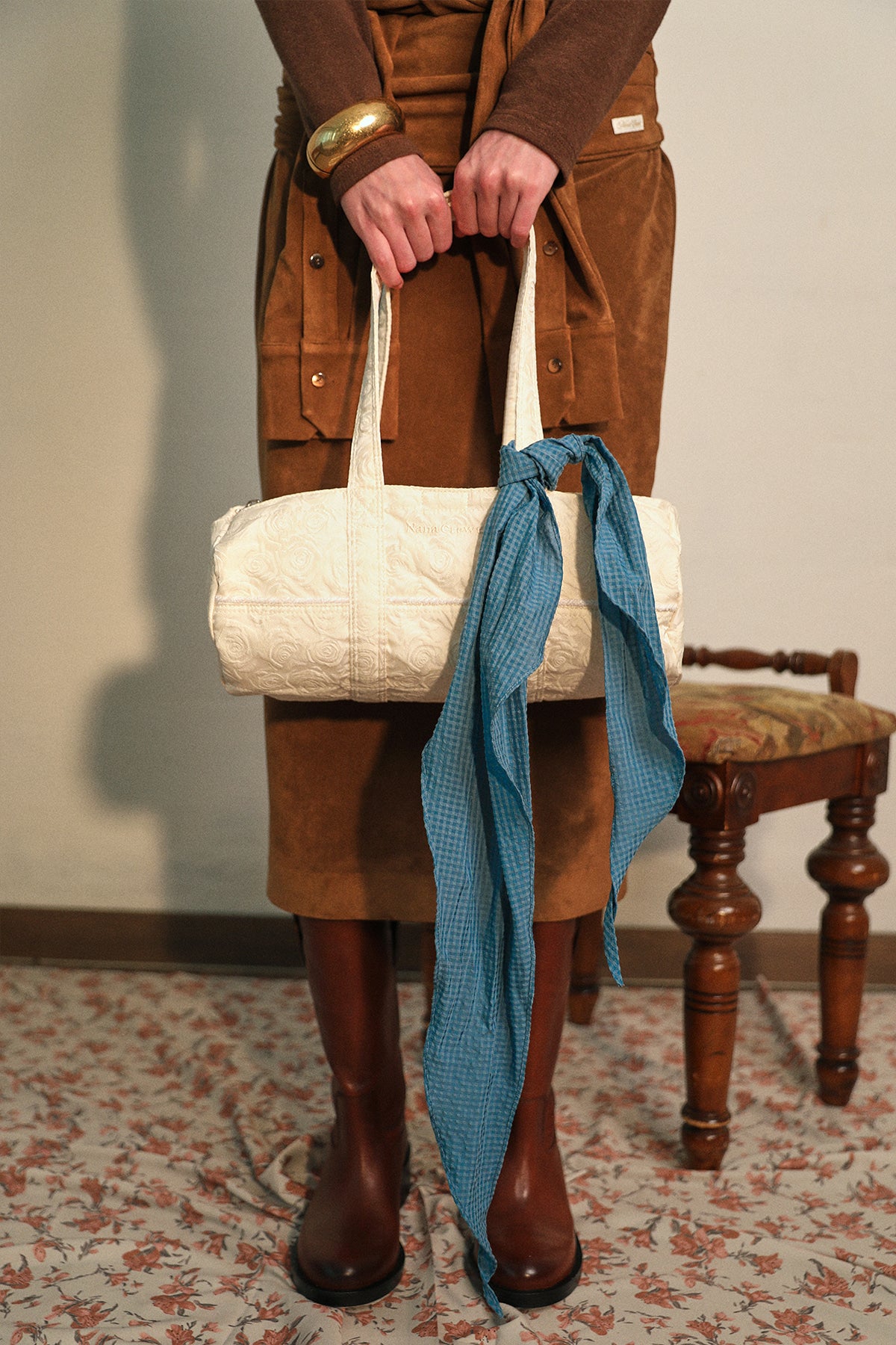 NANACREW MINI DUFFLE BAG - ROSE JACQUARD IVORY SATIN