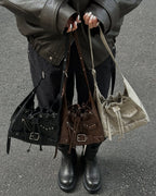 DEINET STUD BELTED MINI BUCKET BAG - 3COLORS