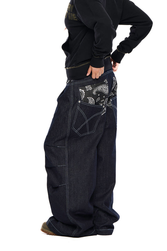 AAKAM Knee Pin-Tuck Paisley Denim Pants (Black)