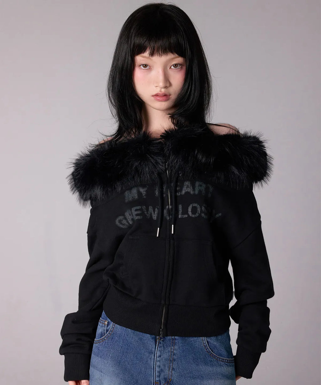 [youhee] Fur Glossy Off-Shoulder Zip-up - 2 Colors