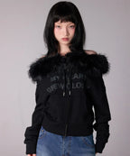 [youhee] Fur Glossy Off-Shoulder Zip-up - 2 Colors