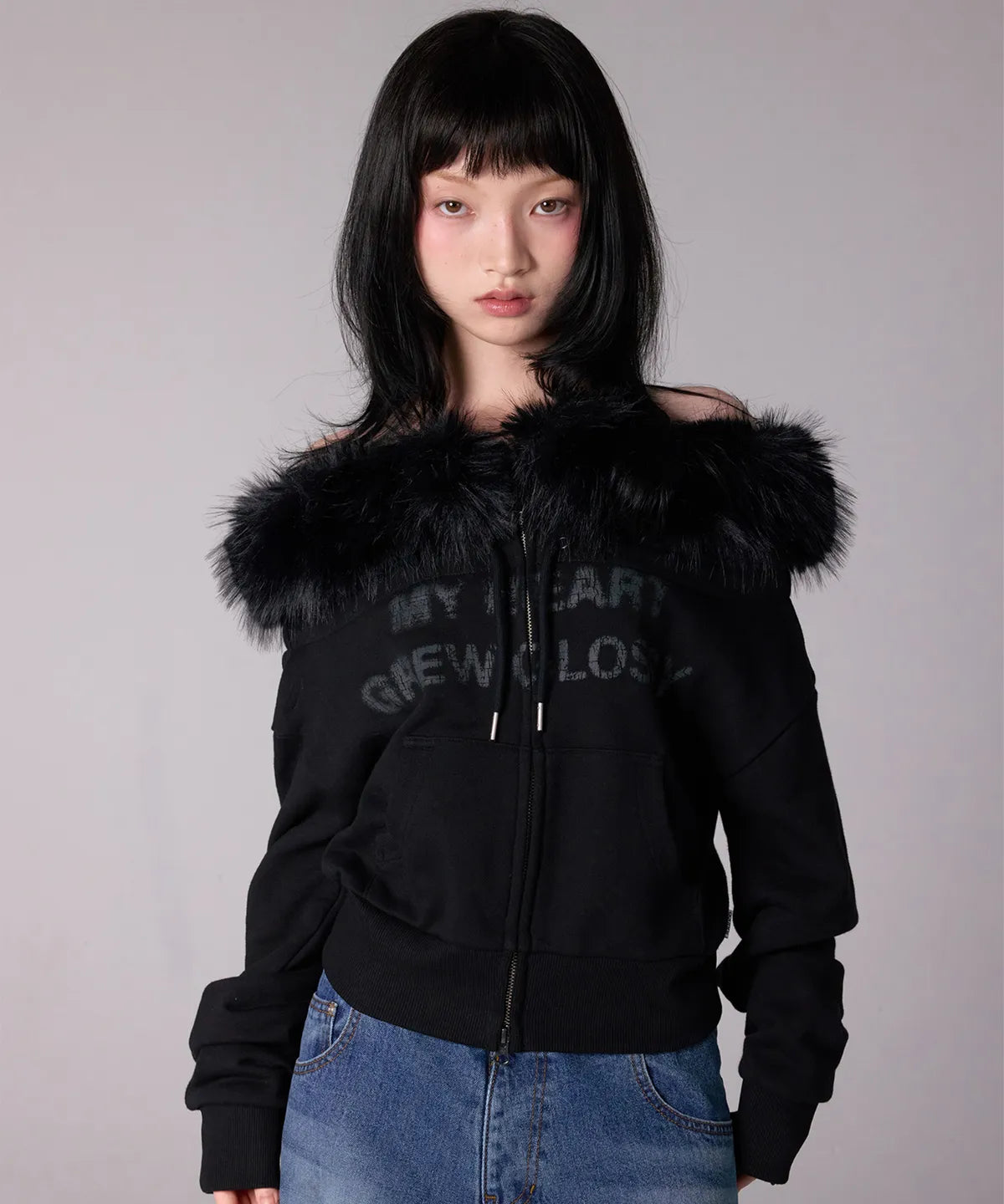 [youhee] Fur Glossy Off-Shoulder Zip-up - 2 Colors