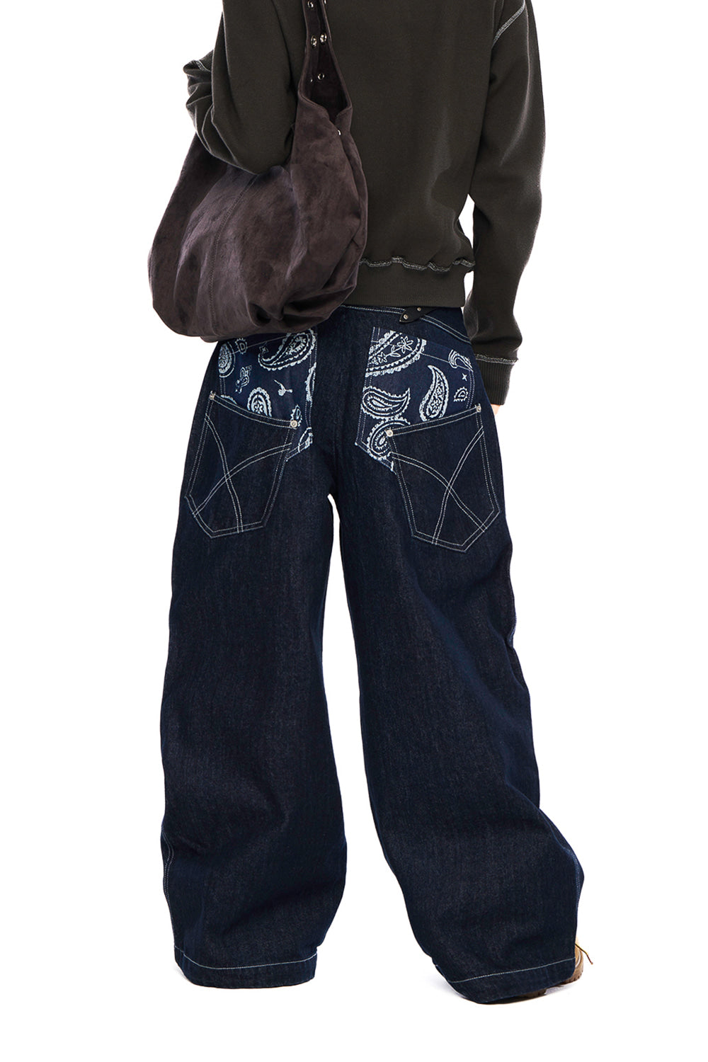 AAKAM Knee Pin-Tuck Paisley Denim Pants (Blue)