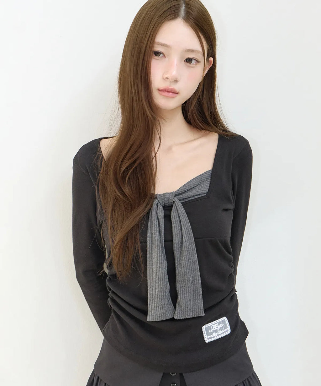 [illigo] LAYERED RIBBON TIE LONG SLEEVE_BLACK