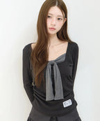 [illigo] LAYERED RIBBON TIE LONG SLEEVE_BLACK