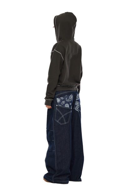 AAKAM Knee Pin-Tuck Paisley Denim Pants (Blue)