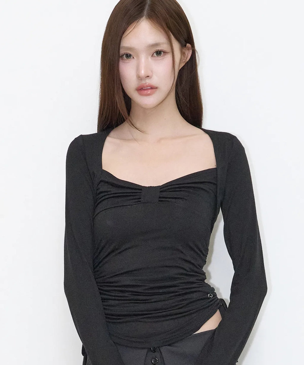 [illigo] BOW BOLERO SHIRRING TOP_BLACK