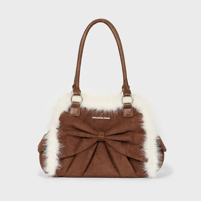 IUGA Ribbon Fur Suede Shoulder Bag (Brown)