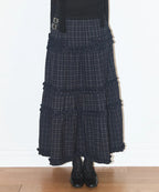 ILLIGO BUCKLE FRILL LONG SKIRT - CHECK NAVY