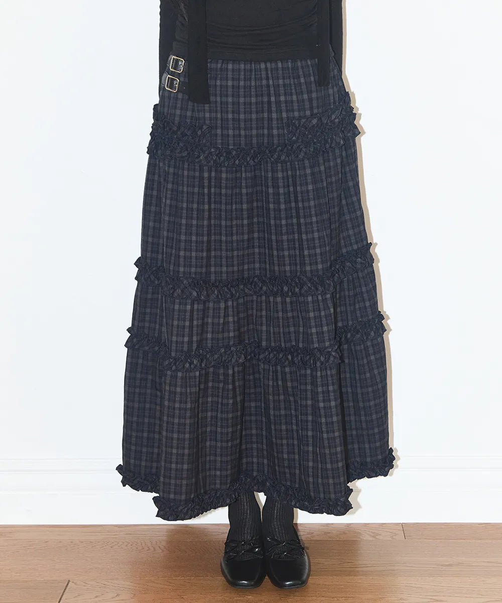ILLIGO BUCKLE FRILL LONG SKIRT - CHECK NAVY